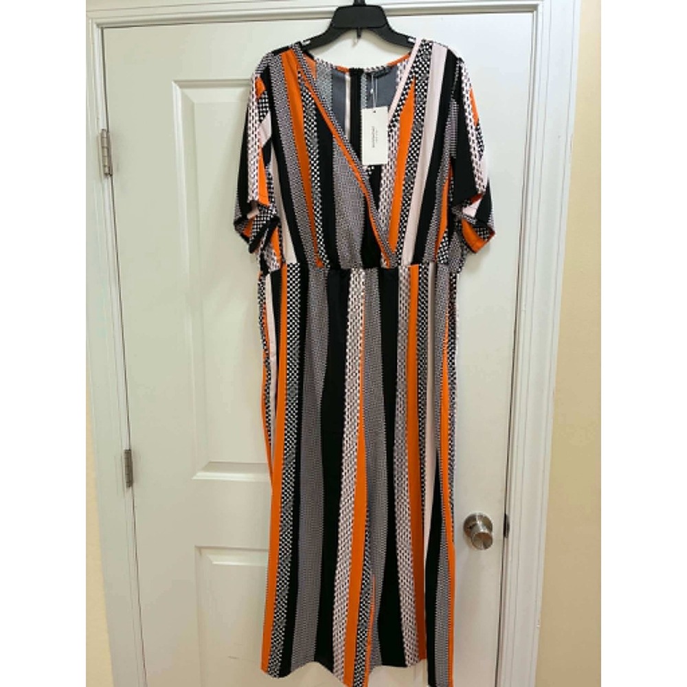 Bloomchic Womens 10-12Geometric Stripe Maxi Dress Orange Black White Boho Resort